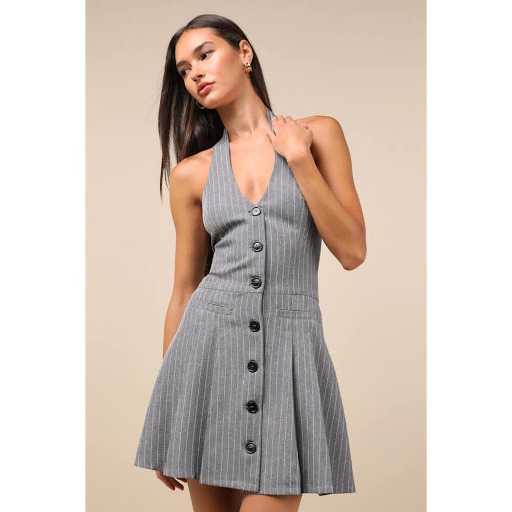 Lulus Posh Attraction Grey Pinstriped Button-front Halter Mini Dress - Size S